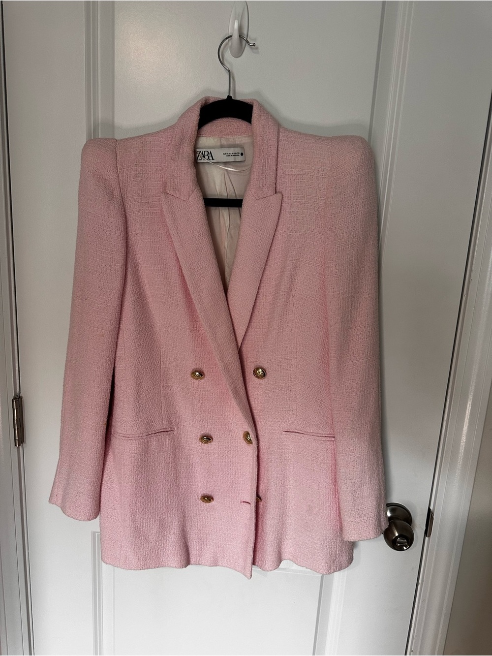 Zara Pink Bouclé Double-Breasted Blazer with Gold Buttons